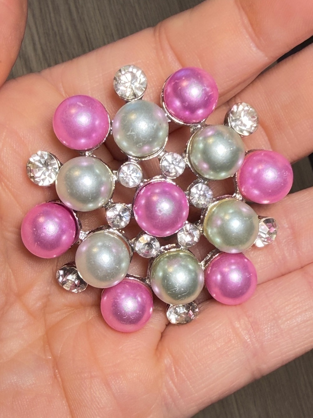 Breaded Flower Brooch Pink Gray with Rhinestone Silver Tone Pin 2 Inch